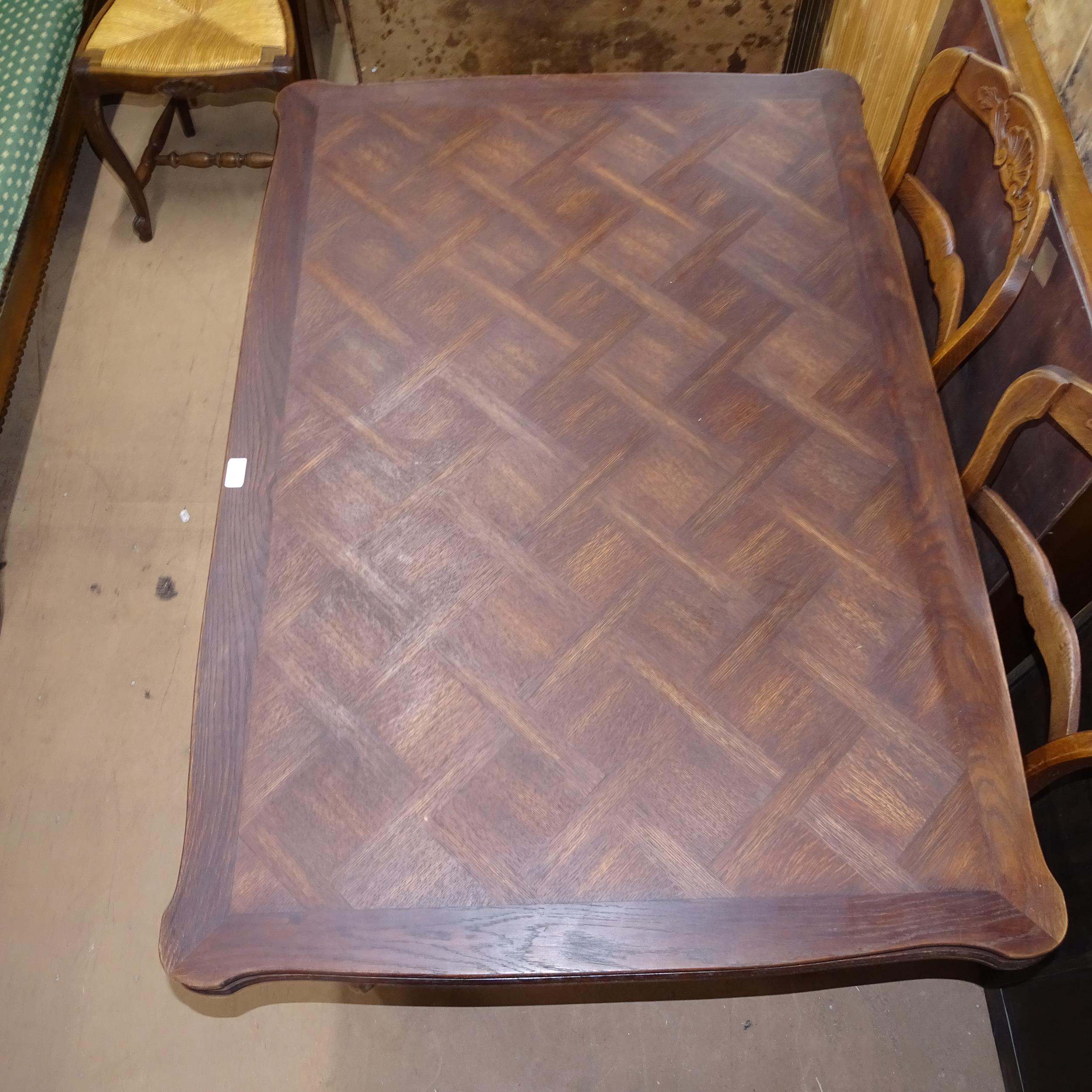 A French stained oak parquetry-top draw leaf dining table, L130cm extending to 220cm, H76cm, D90cm - Bild 2 aus 2