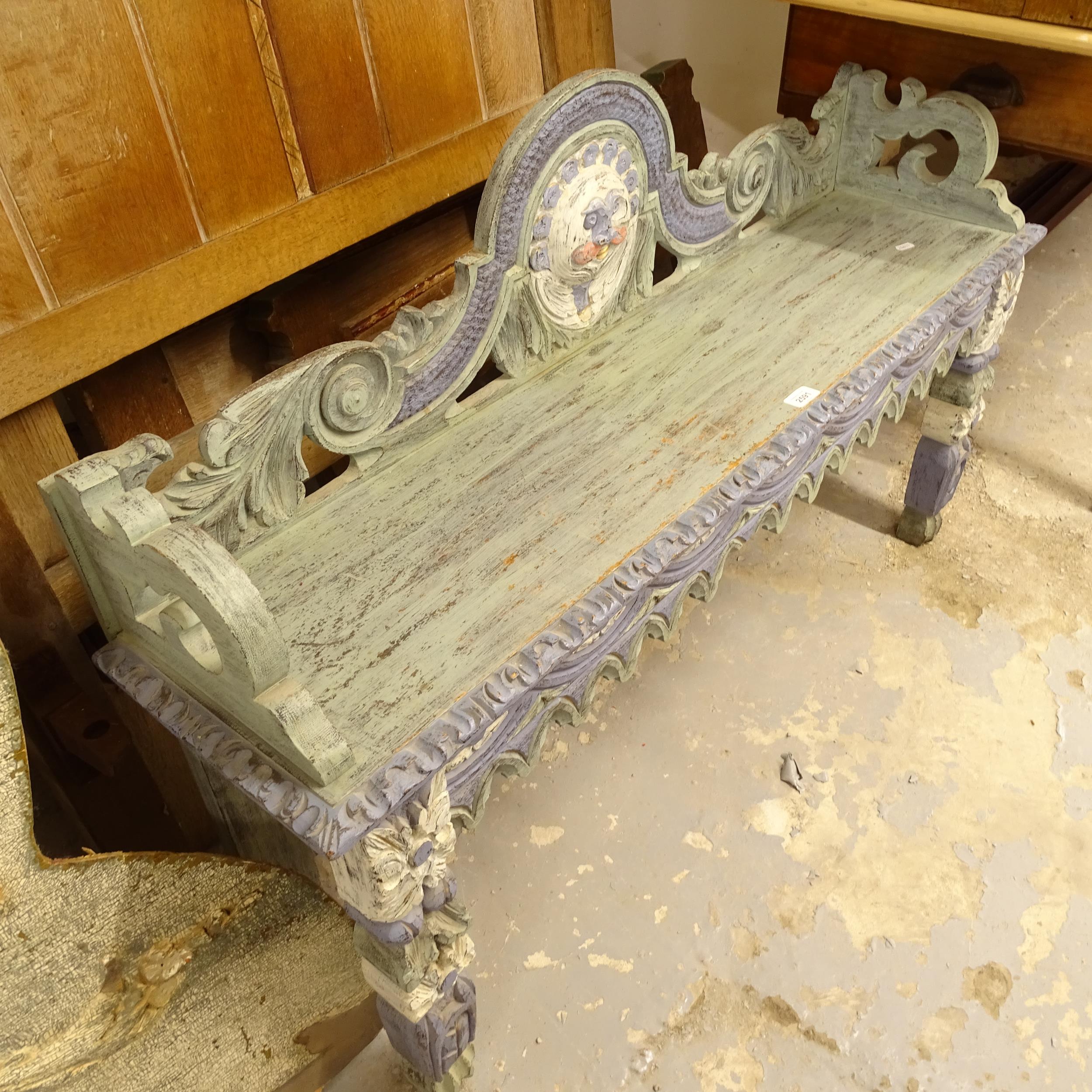 A decorative painted bench, L121cm, H77cm, seat height 50cm