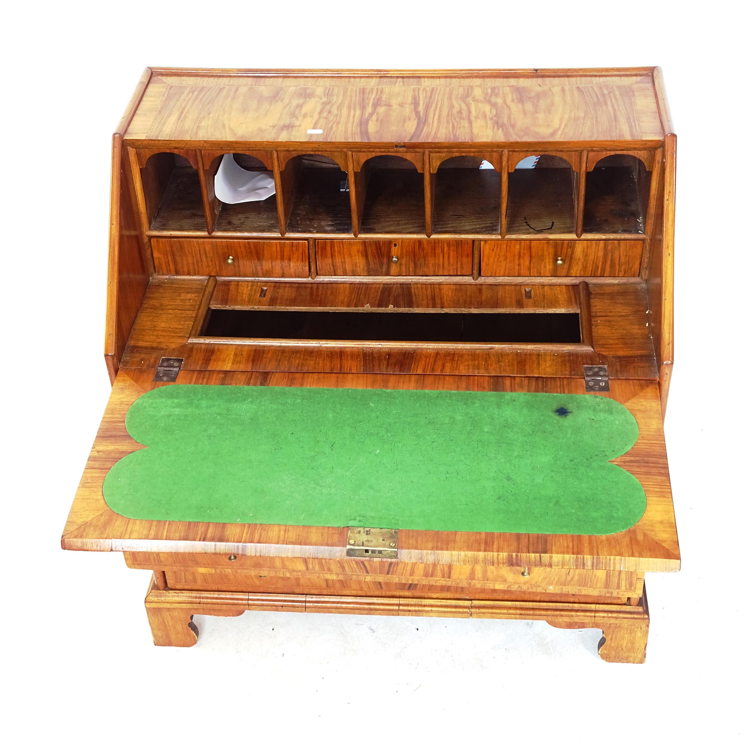 An Antique walnut bureau, the crossbanded fall-front revealing a fitted interior with well, 2 long - Bild 2 aus 2