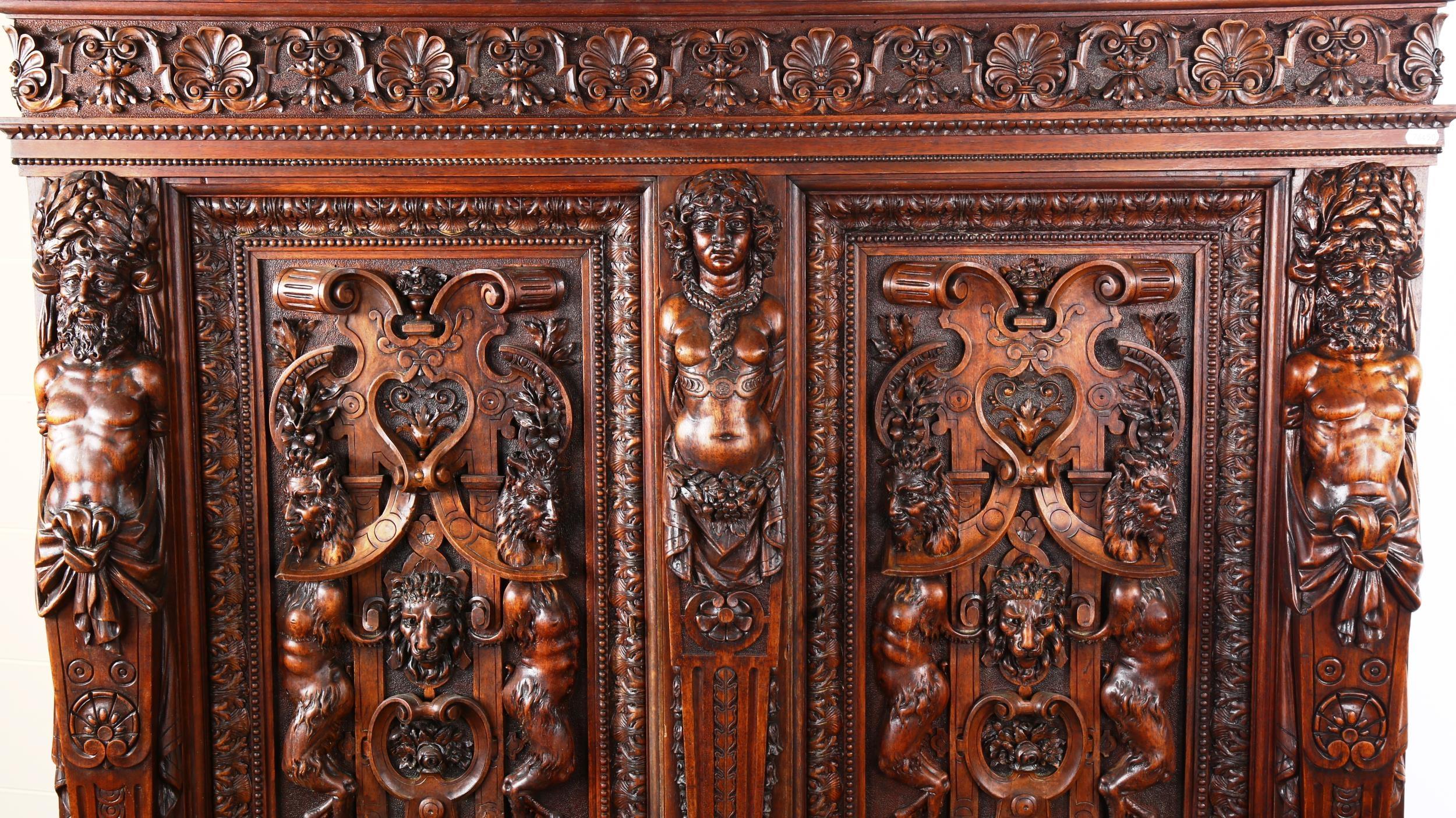 An impressive 19th century Neo-Classical design walnut 2-door cupboard, the 2 finely carved and - Image 3 of 6