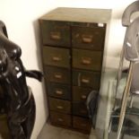 A Vintage industrial green metal 12-drawer cabinet, W59cm, H140cm, D51cm