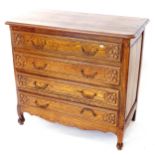 A French oak chest of 4 long drawers with carved decoration, W98cm, H90cm, D51cm