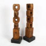 A pair of mid-century modernist abstract wood cube sculptures, unsigned, height 56cm