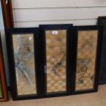 A Japanese hand painted woven triptych, overall 62cm x 75cm