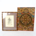 A hand painted Buddhist thangka, and a Japanese watercolour, framed, overall 44cm x 35cm (2)