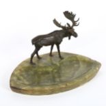 An Art Deco bronze mounted green onyx moose desk stand, width 23cm, height 15cm