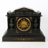 An early 20th century slate-cased architectural 8-day mantel clock, with spelter-mounted bust