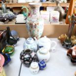 A Chinese baluster vase on stand, teapot with fish design, ginger jars