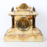 A large early 20th century veined alabaster architectural 8-day mantel clock, case width 34cm,