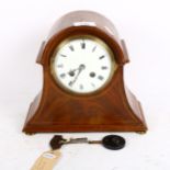 Edwardian inlaid 2-train mantel clock, with pendulum and key, height 22cm