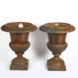 A pair of weathered cast-iron Campana urns, height 37cm