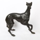 A large patinated spelter Greyhound dog sculpture, unsigned, height 32cm