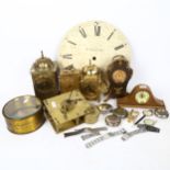 Various clocks and parts, including dial signed R Greene of Norwich, miniature lantern clocks etc (