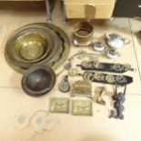 An Arts and Crafts Tudric pewter 3-piece tea set, model no. 01537, teapot height 11cm, various brass
