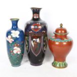 3 Japanese cloisonne enamel vases, largest height 37cm