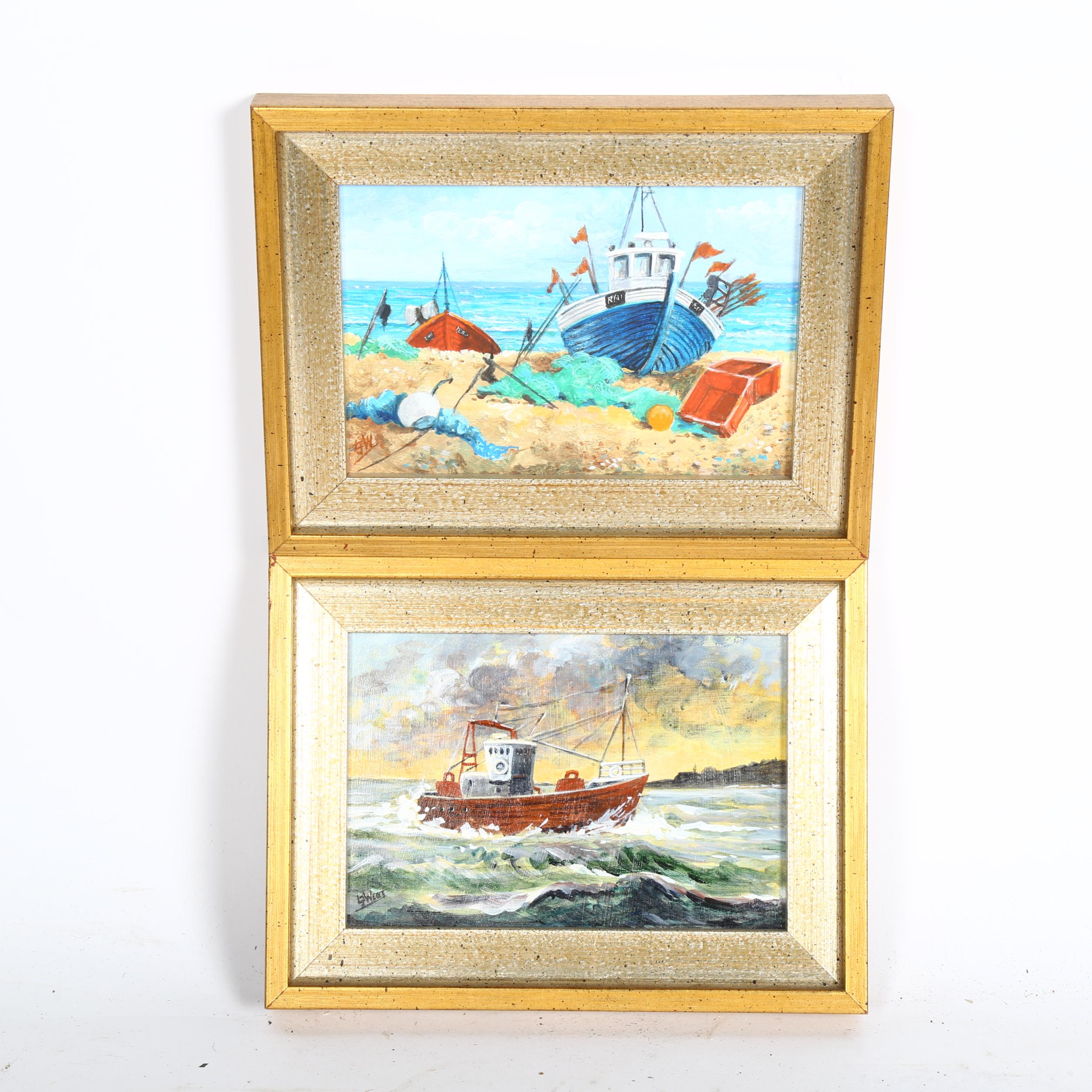A pair of small framed paintings of fishing boats, 14cm x 19cm