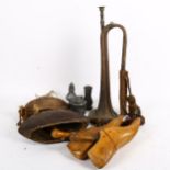 2 wooden cow bells, shoe trees, cruet, and a bugle