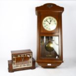 An oak-cased regulator wall clock, and an Art Deco walnut chiming mantel clock (2)