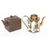 A small Chinese Yixing clay teapot, and another brass-mounted ceramic teapot, height 9cm (2)