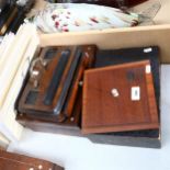 A desk stand with drawer under, a Medi box, a twin-lidded box with copper hinges, a mahogany box