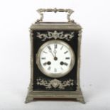 A plated brass-mounted 8-day mantel clock, white enamel dial with Roman numeral hour markers, case