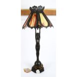 A large reproduction spelter figural table lamp, with mottled glass shades, height 98cm (1 panel