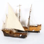 2 wooden model sailing ships, with sails and rigging, largest 48cm overall