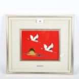 A Japanese 999 silver flying crane picture, Hinode Tsuru, by Takehiko, framed, overall 38cm x 43cm