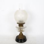 An Antique Duplex no. 3 oil lamp, with glass font, frosted shade and chimney, height 53cm