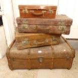 A Vintage travelling trunk and 3 leather suitcases (4)