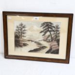 A Japanese silk embroidered picture, Mount Fuji, framed, overall 40cm x 56cm