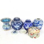 3 Chinese blue and white Prunus pattern ginger jars, cloisonne enamel brass thistle vase etc,