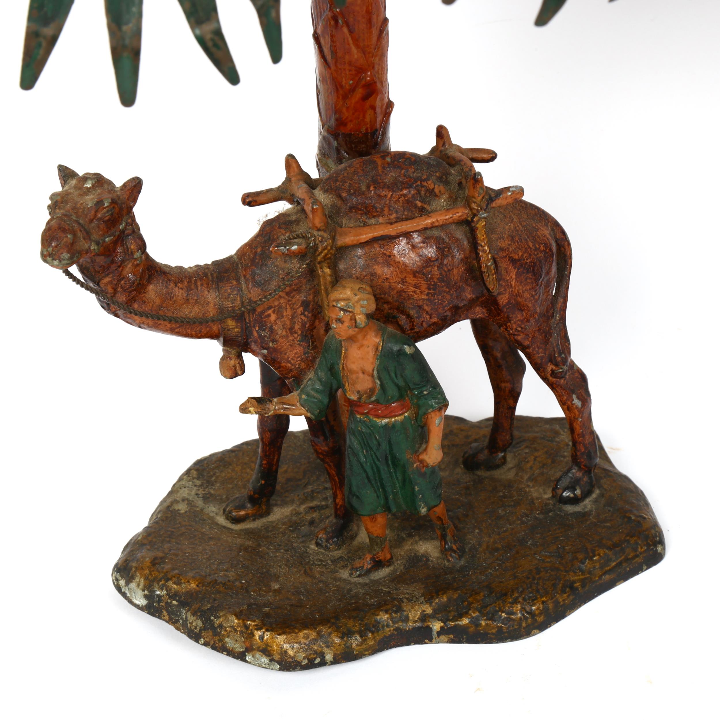 2 Austrian cold painted spelter Arab table lamps, depicting figures under palm trees, height 37cm ( - Image 2 of 2