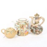 Japanese dragon design teapot, height 24cm, a Chinese porcelain tea kettle, and another with blossom