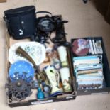 Binoculars, postcards, Devon Ware etc