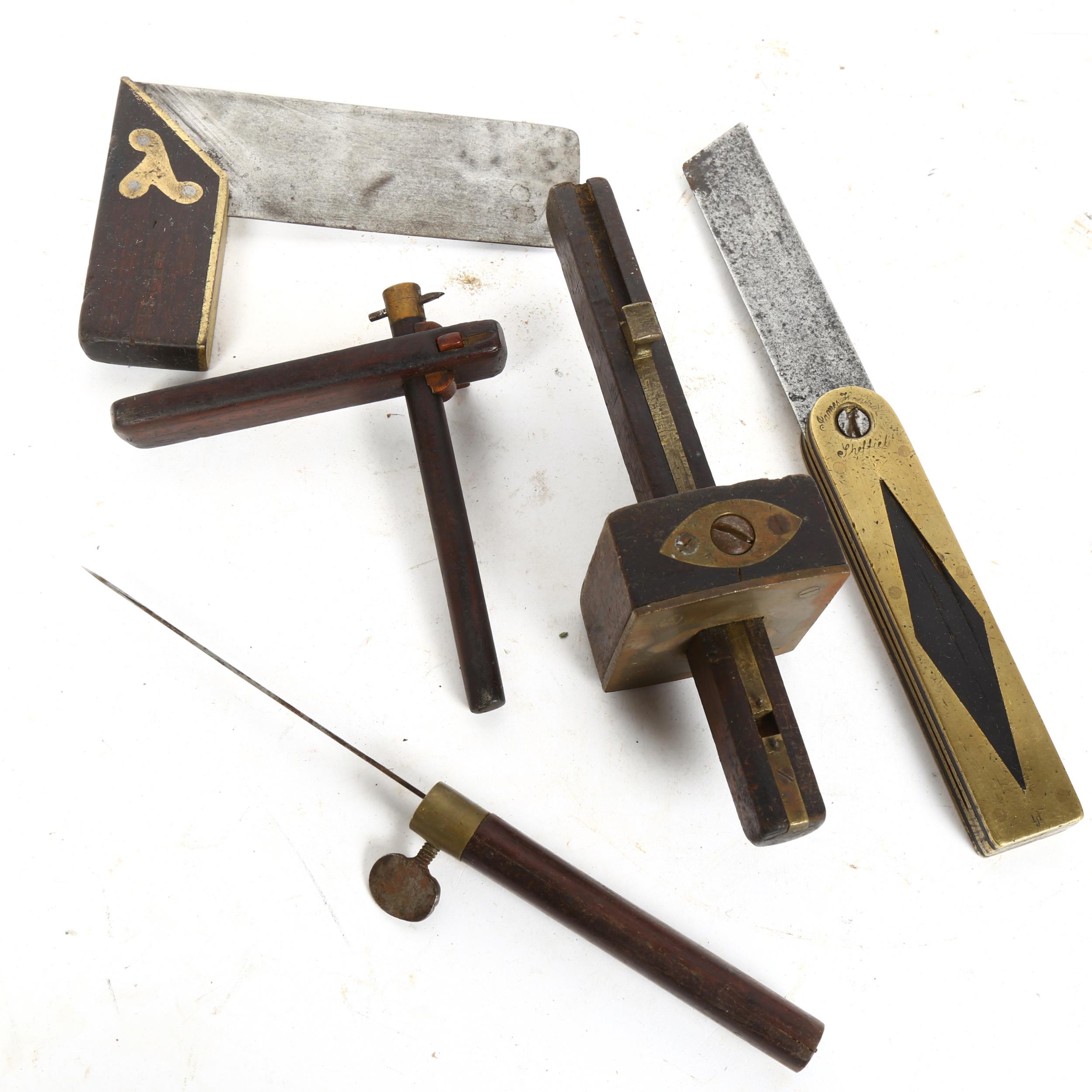 A group of Antique rosewood and brass tools, including set square, mortice gauge etc