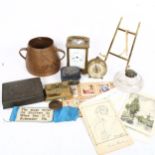 Various collectables, including brass-cased carriage clock, glass inkwell, Art Nouveau brass