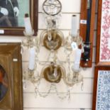 A pair of Vintage clear glass twin-branch ball light fittings, and a small basket shade, diameter