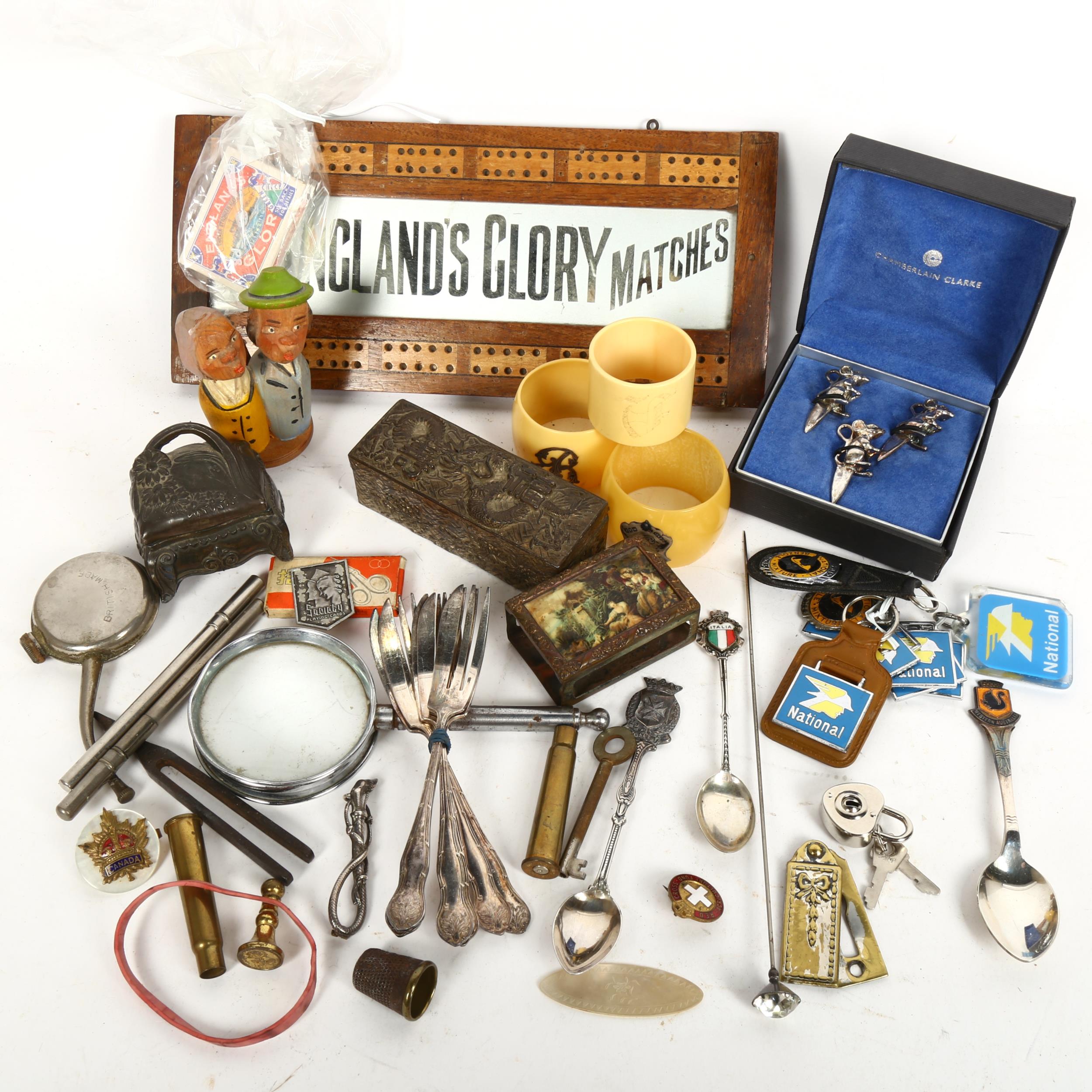 Various collectables, including Charles Horner silver paste hat pin, a silver plated riding crop