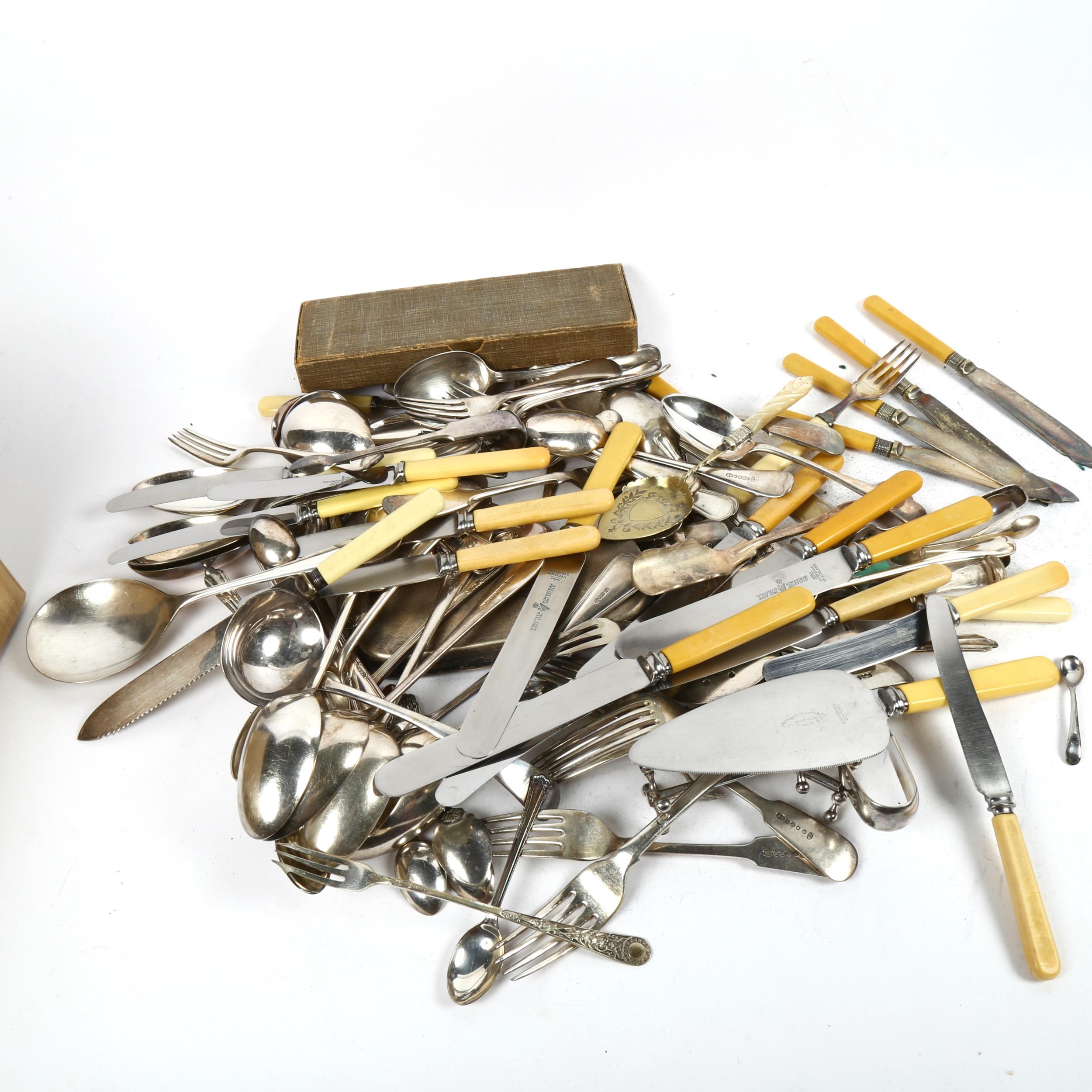 A large quantity of mixed plated flatware (boxful)