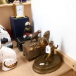 2 modern resin caskets, and a gold painted spelter Marley horse figure, height 20cm, and a