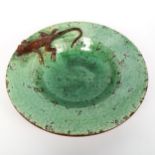 A large green glaze terracotta pottery gecko table centre bowl, maker's marks LS stamped on base
