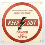 A Vintage South Eastern Electricity Board High Voltage aluminium warning sign, 50cm x 50cm