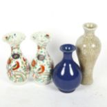 A pair of Chinese porcelain vases with enamel decoration, height 15cm, a crackle glaze vase, and