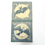 2 transfer printed pottery tiles, comprising bat and bird, 15.5cm x 15.5cm A few enamel chips to