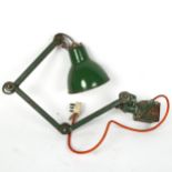 A Vintage industrial green aluminium anglepoise bench lamp, with white enamel shade, shade