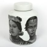 A Fornasetti style transfer printed ceramic jar and cover, unsigned, height 31cm No chips cracks