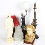 Various lamps and fittings, including frosted glass flame shade, height 24cm (7)
