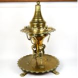 A large Middle Eastern pierced and polished brass coal stove/incense burner on tray stand, overall