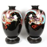 A large pair of Chinese cloisonne enamel dragon vases, on hardwood bases, overall height 52cm Enamel